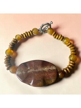 Jasper Stone & Agate Beaded Bracelet With Toggle Clasp 7 Inches